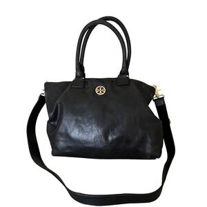 Tory Burch Black Leather Convertible Tote Shoulder Bag Designer Top Handles Dust